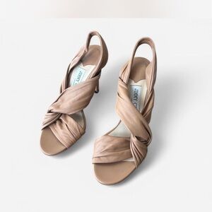 Jimmy Choo Tan Heeled Sandals with Woven Strap Design size 6.5